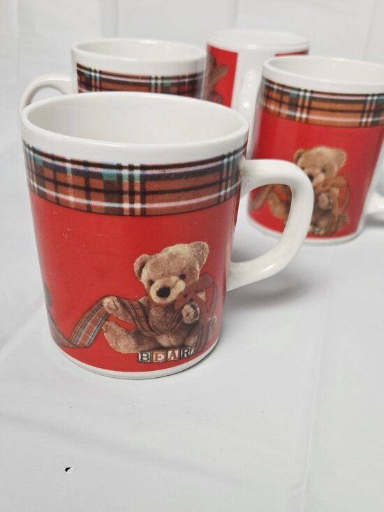 Teddy Bears Other - Set Of 4 Teddy Bears With Plaid Wrapping Paper Coffee Tea Mugs